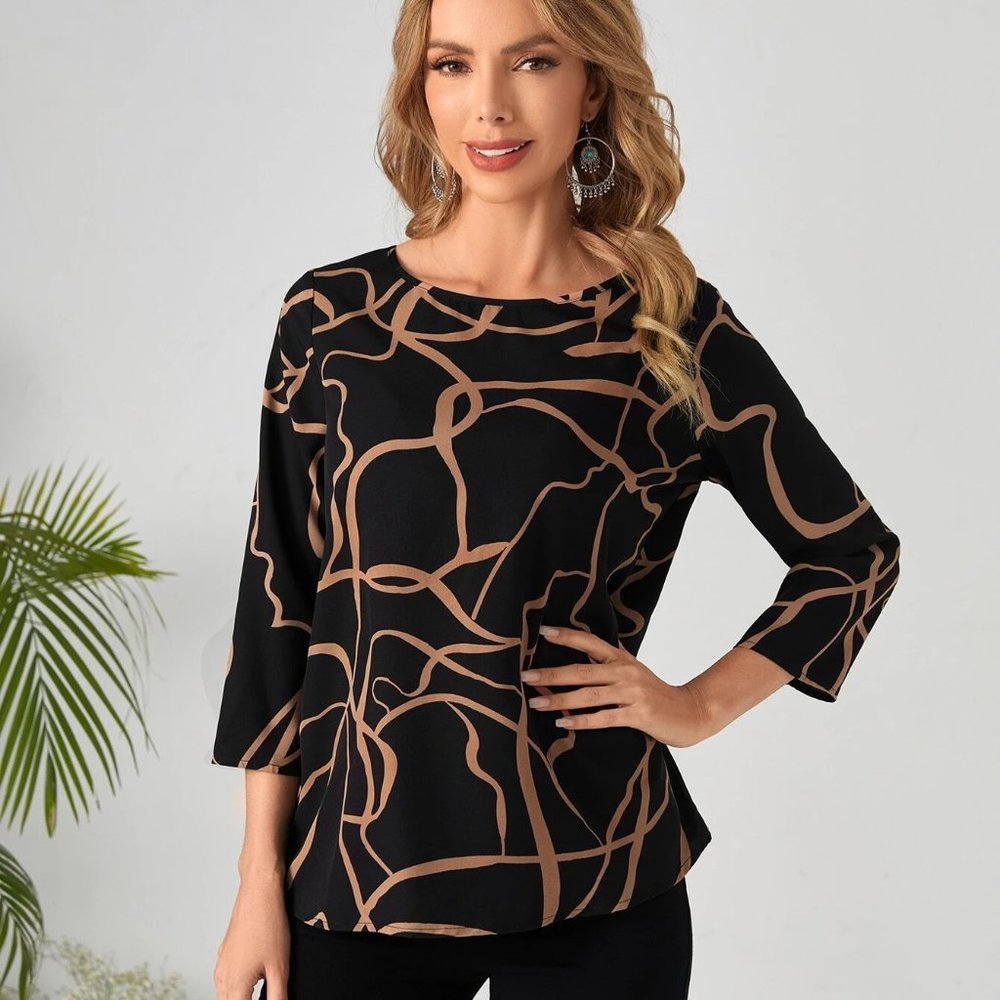 EMERY ROSE Graphic Print Boat Collar Blouse New
